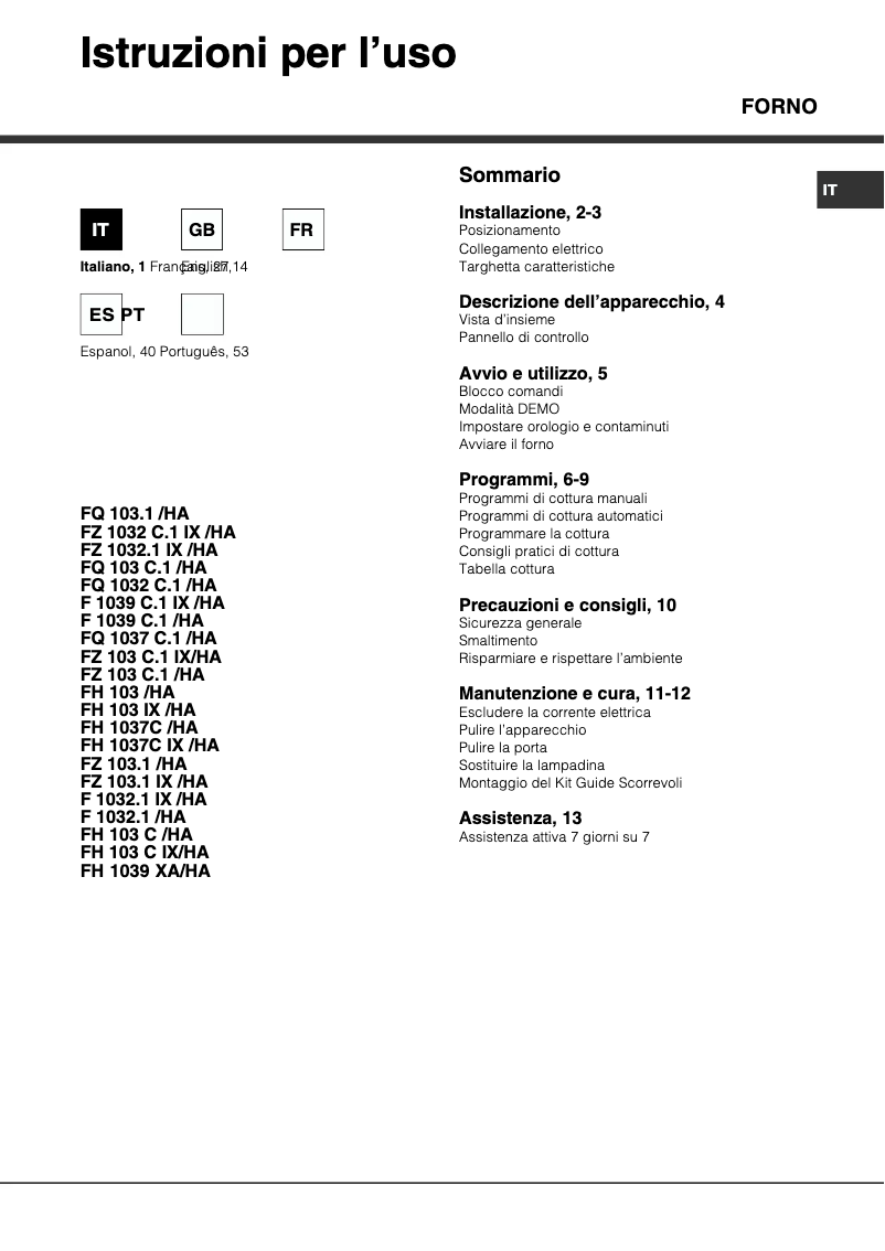 Página 1 del manual Manual de usuario Hotpoint Ariston FH 103 C IX/HA