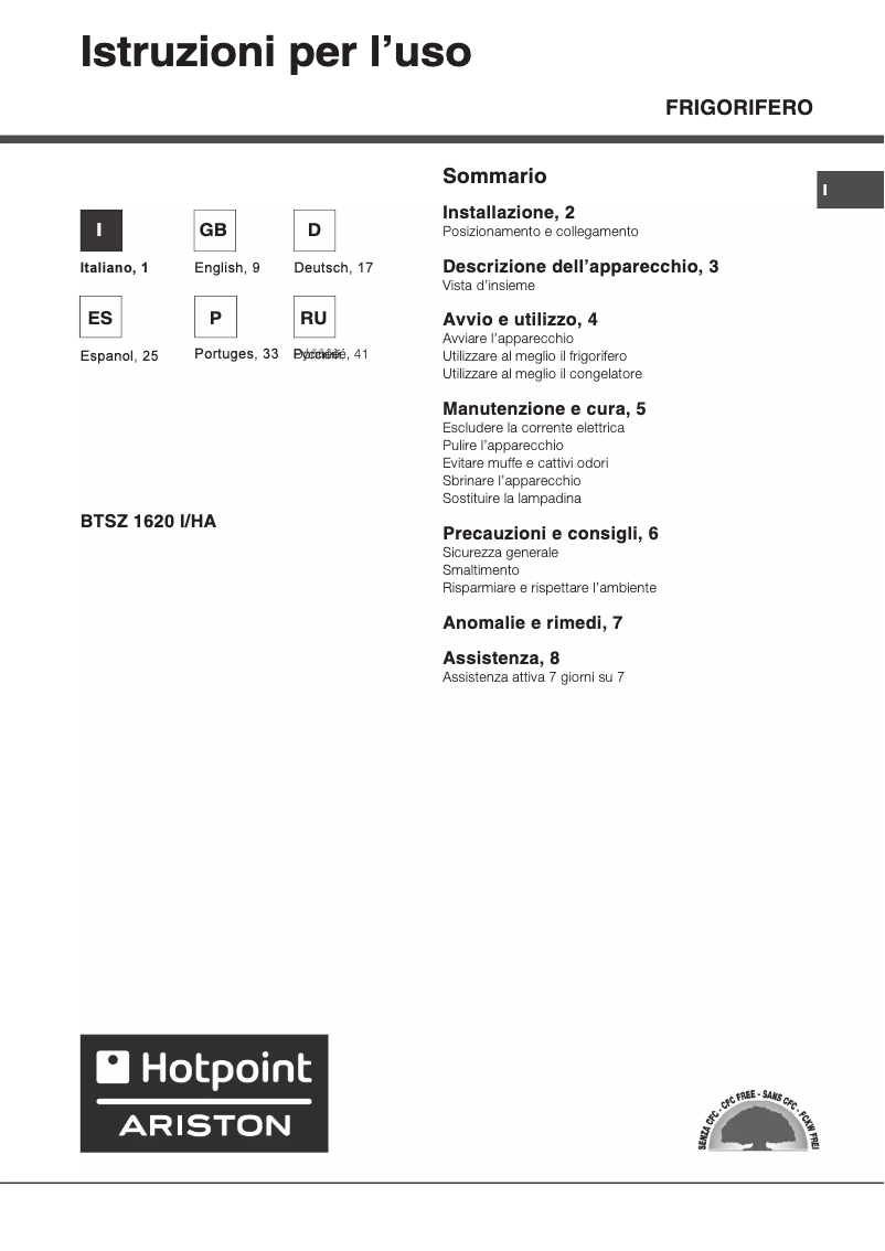 Page 1 de la notice Manuel utilisateur Hotpoint Ariston BTSZ 1620 I HA