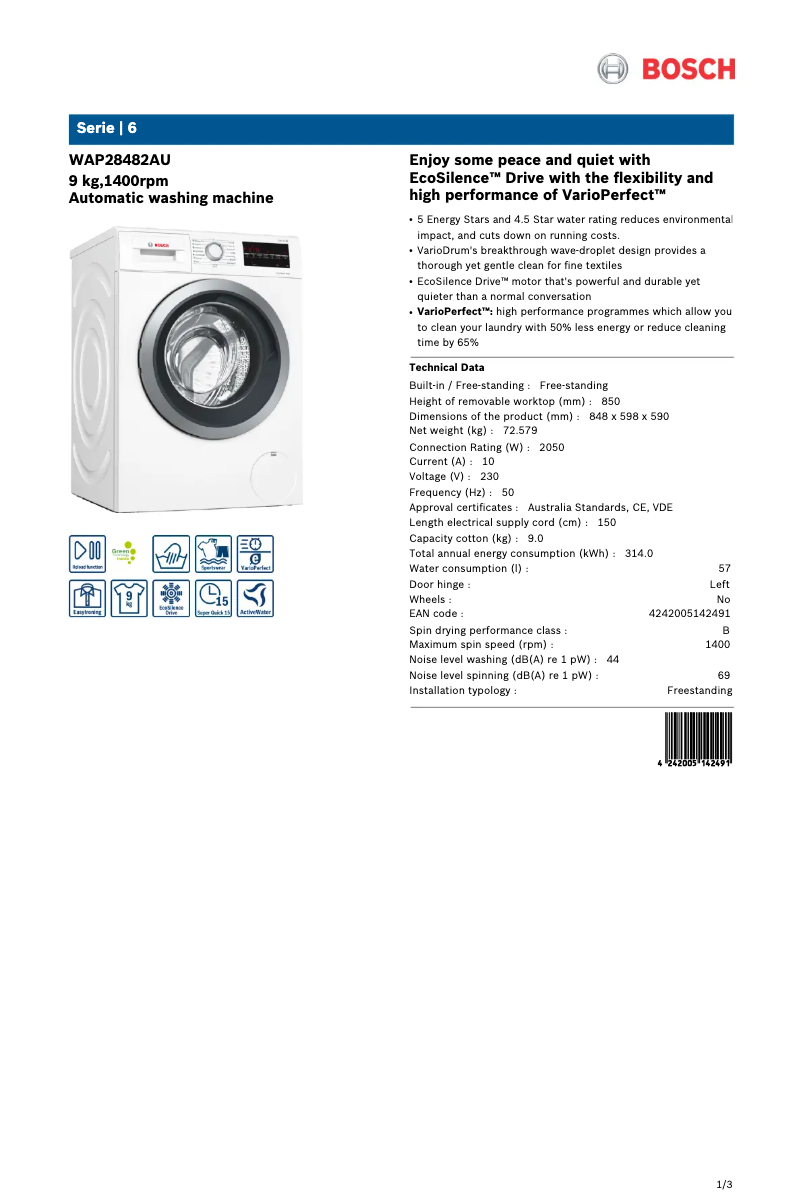 Página 1 del manual Ficha técnica Bosch WAP28482AU