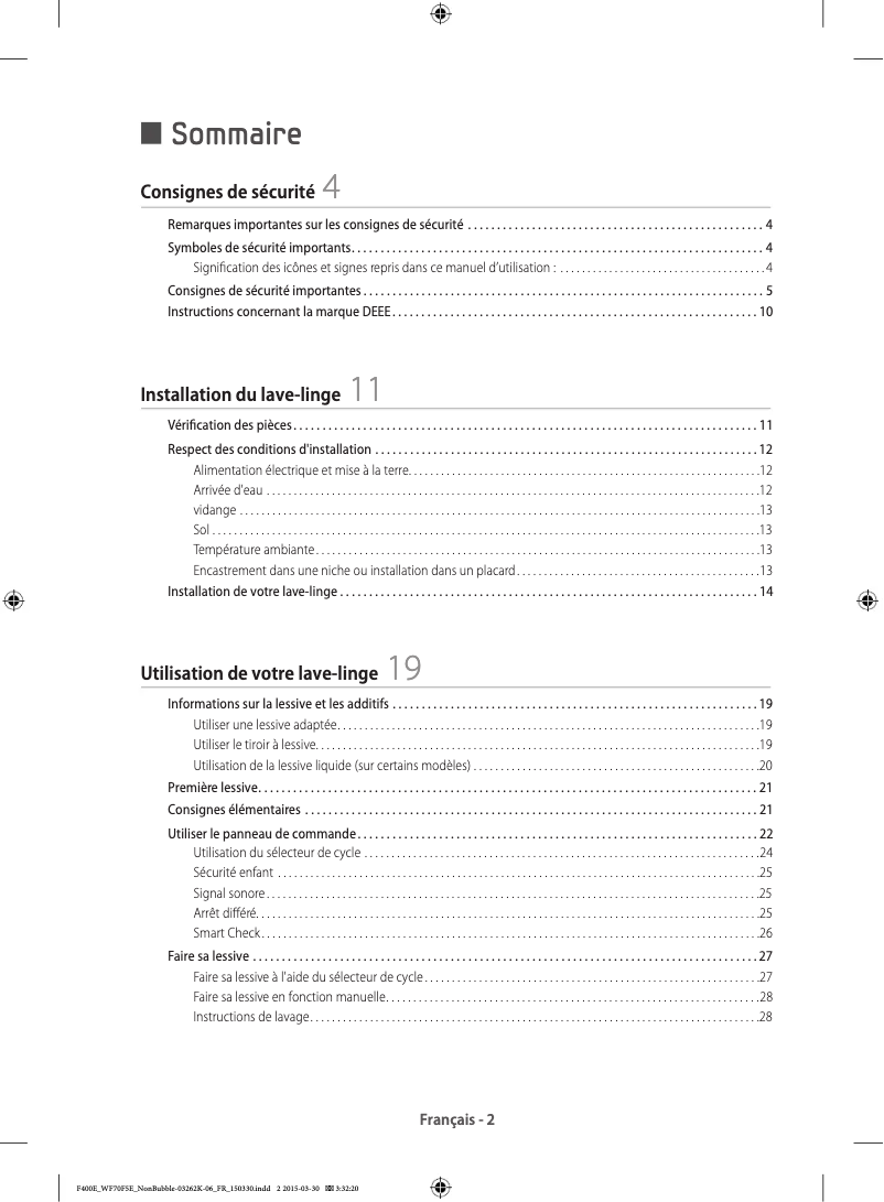 Page 1 de la notice Manuel utilisateur Samsung WF80F5E0N4W