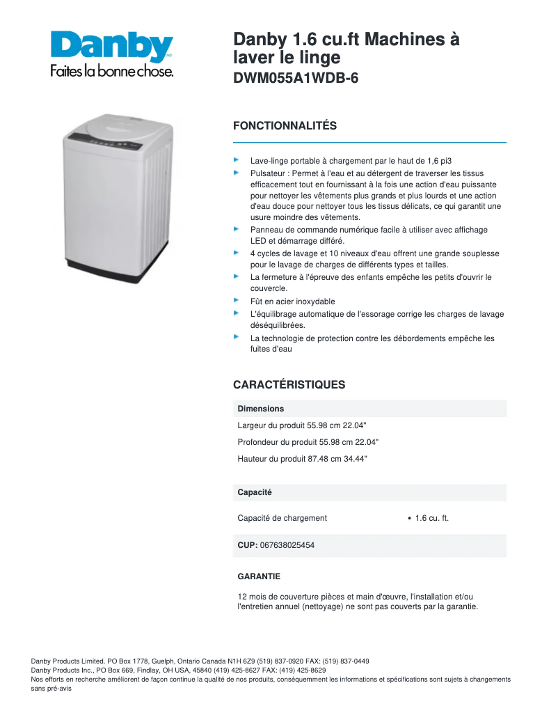 Page 1 de la notice Fiche technique Danby DWM055A1WDB-6