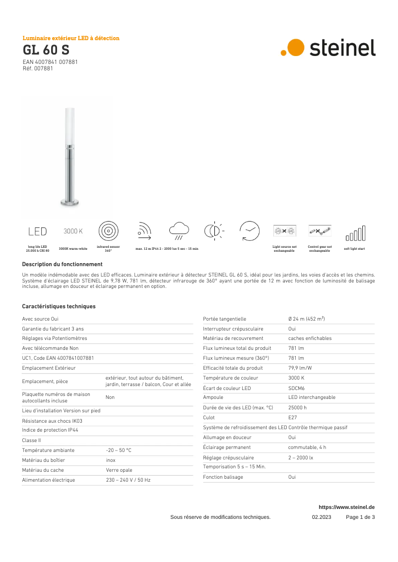 Page 1 de la notice Fiche technique Steinel GL 60 S