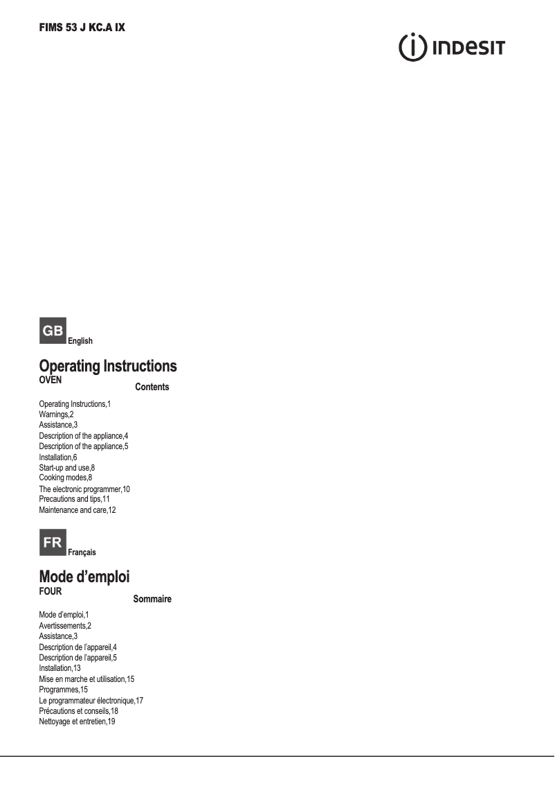 Page n°1 - Manuel utilisateur Indesit FIMS 53 J KC.A IX