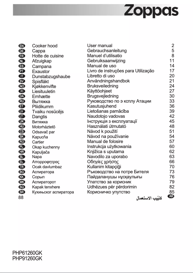Page 1 de la notice Manuel utilisateur Zoppas PHP91260GK