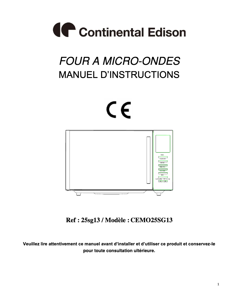 Page 1 de la notice Manuel utilisateur Continental Edison CEMO25SG13