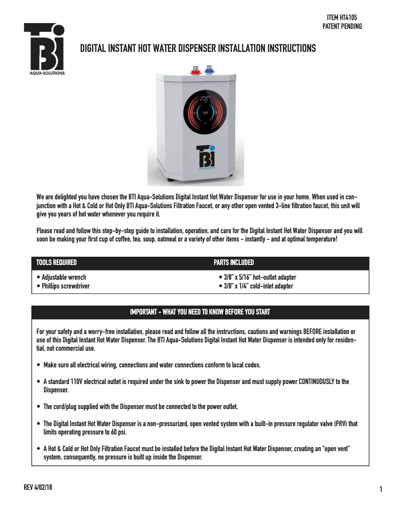 Page n°1 - Guide d'installation BTI Aqua-Solutions HT4105