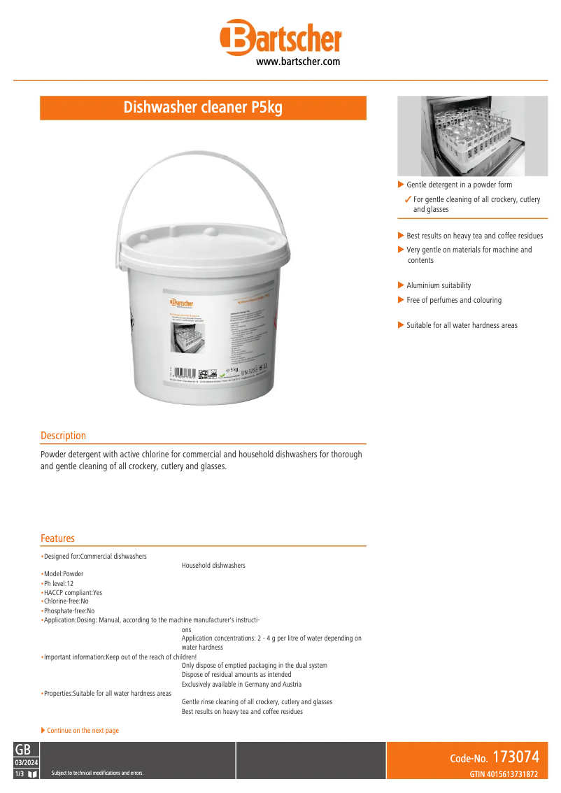 Page 1 de la notice Manuel utilisateur Bartscher 173074