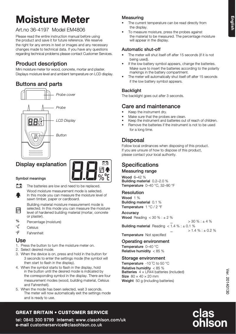 Page 1 de la notice Manuel utilisateur Clas Ohlson EM4806