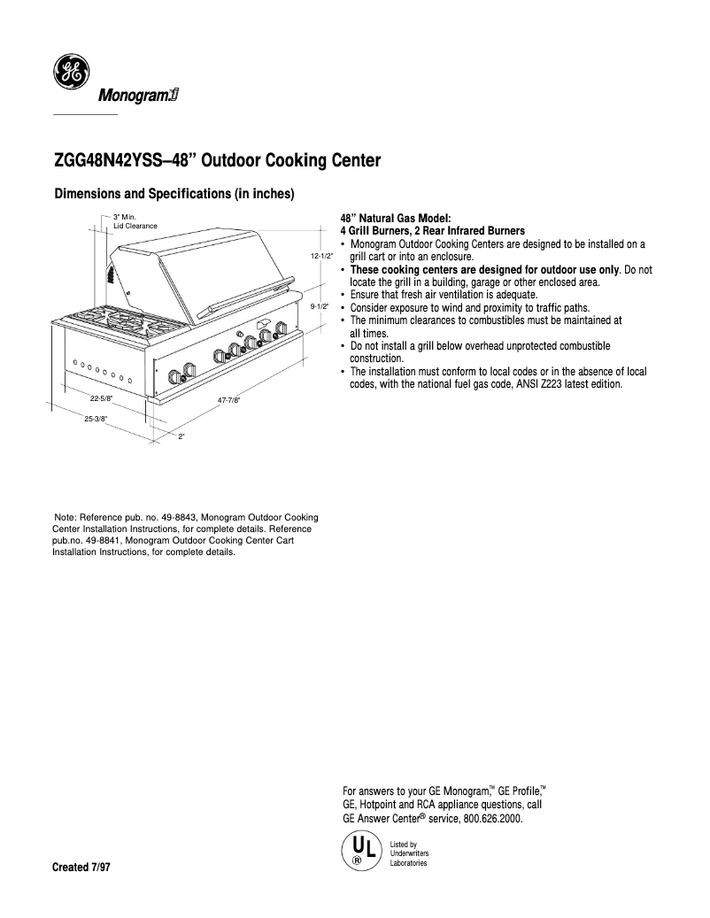 Page 1 of the manual Technical Sheet GE ZGG48N42YSS