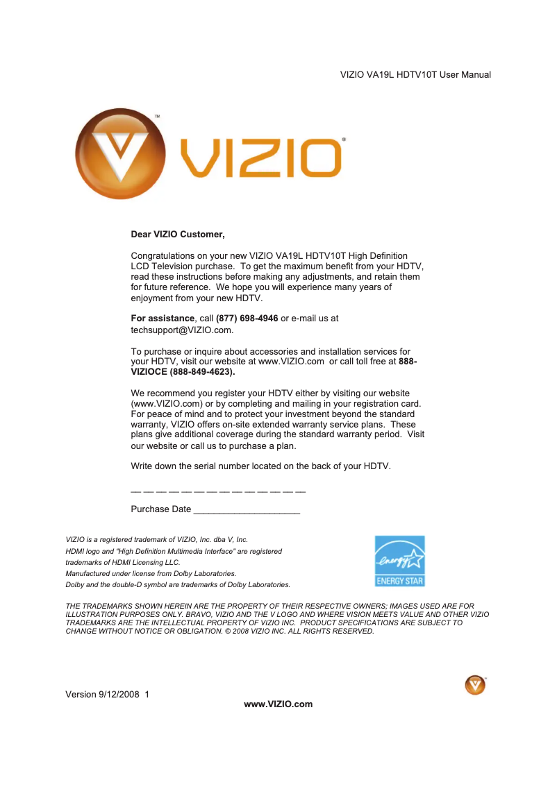 Image de la première page du manuel de l'appareil VA19LHDTV10T