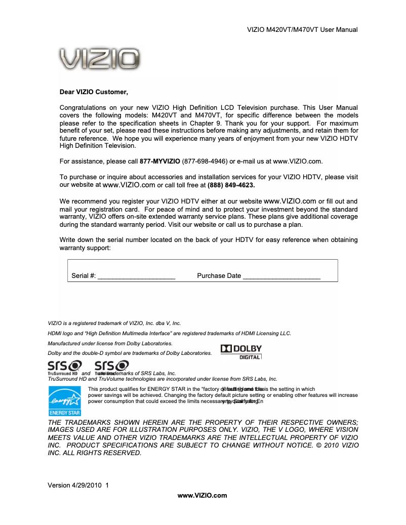 Page 1 de la notice Manuel utilisateur VIZIO M470VT