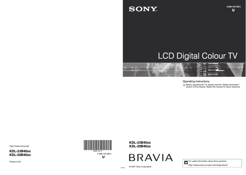 Page 1 de la notice Manuel utilisateur Sony Bravia KDL-20B4030E