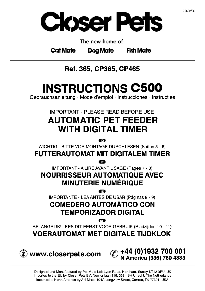Page 1 de la notice Manuel utilisateur Closer Pets Cat Mate CP465
