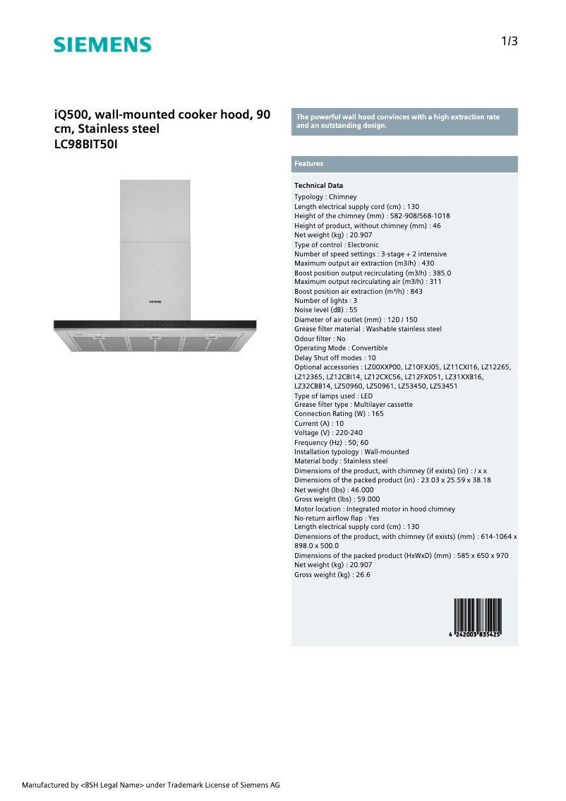 Image de la première page du manuel de l'appareil LC98BIT50I