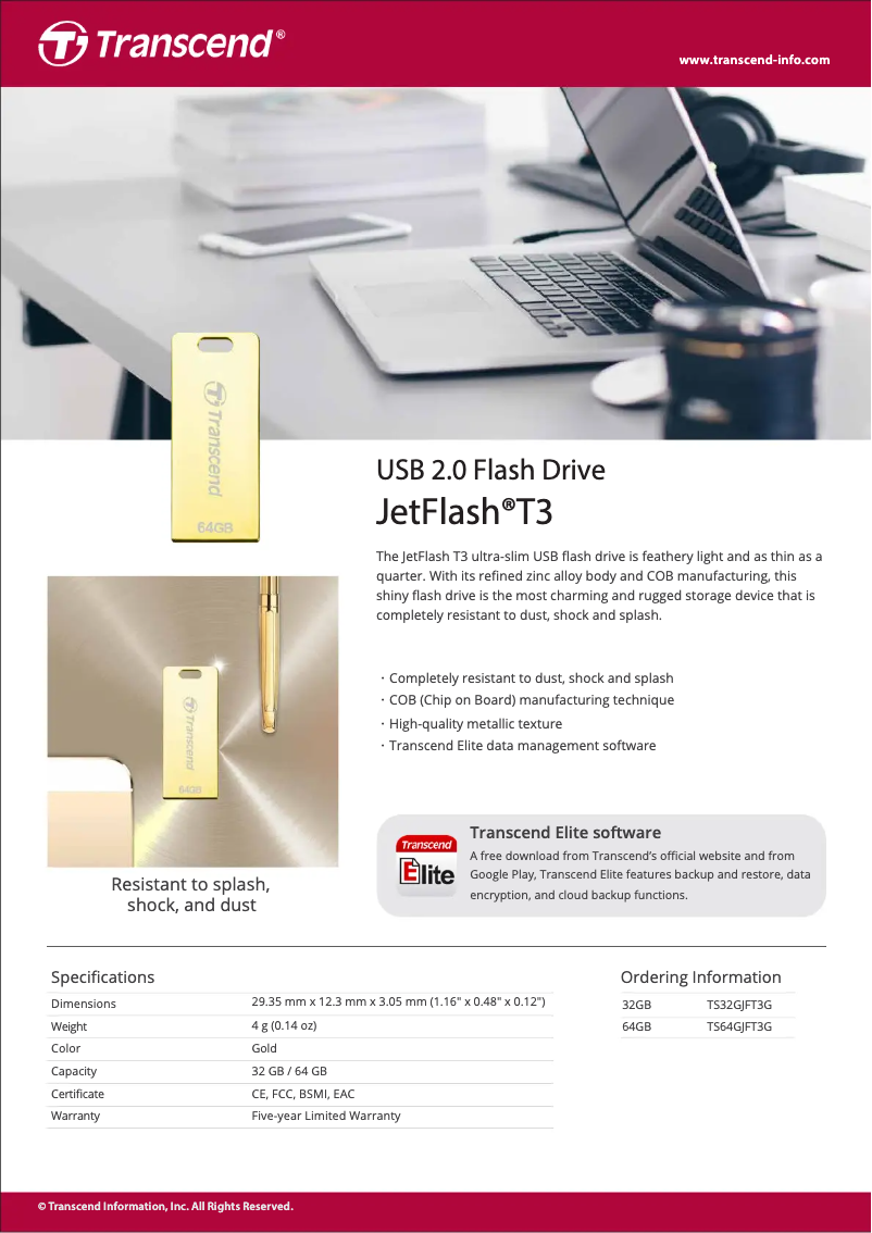 Page 1 de la notice Fiche technique Transcend JetFlash T3
