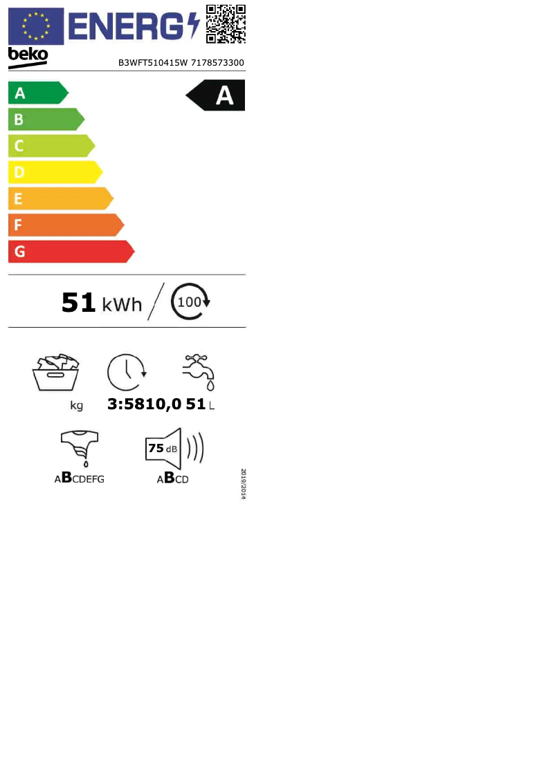 Page 1 de la notice Label énergétique Beko B3WFT510415W