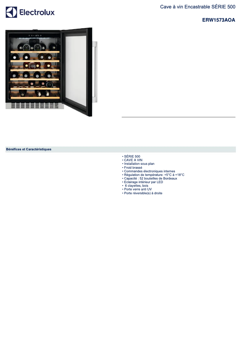 Page 1 de la notice Fiche technique Electrolux ERW1573AOA