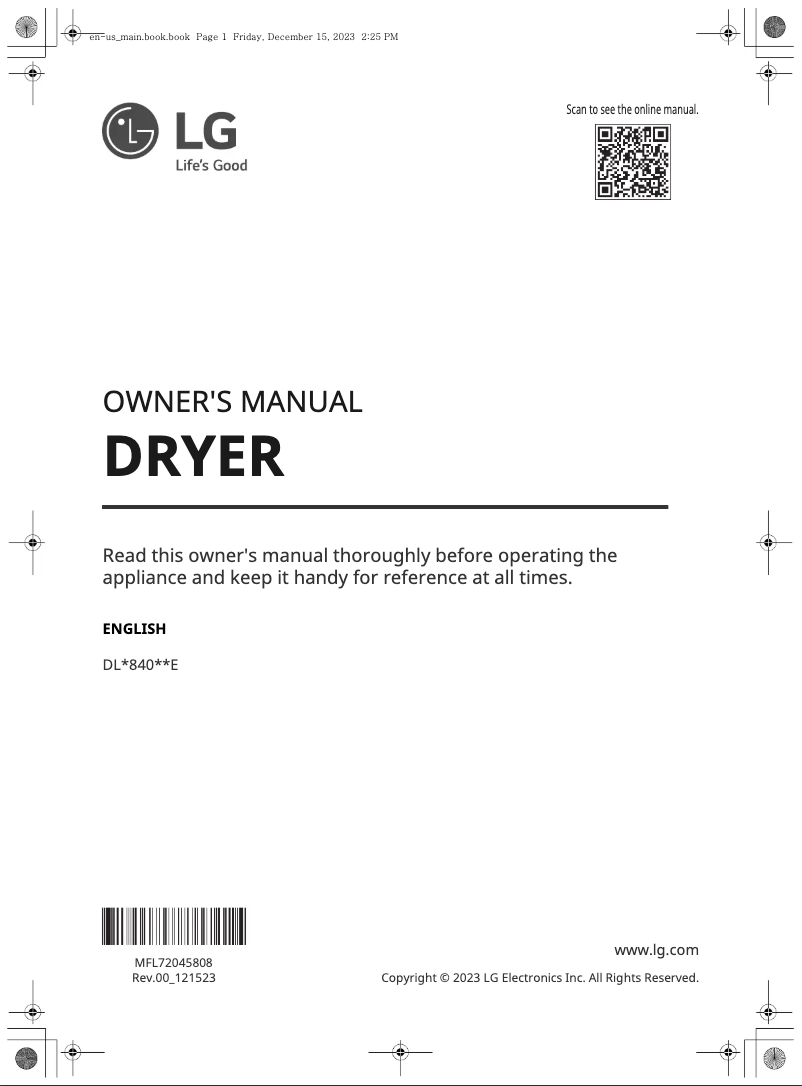 Page 1 de la notice Manuel utilisateur LG DLG8401BE