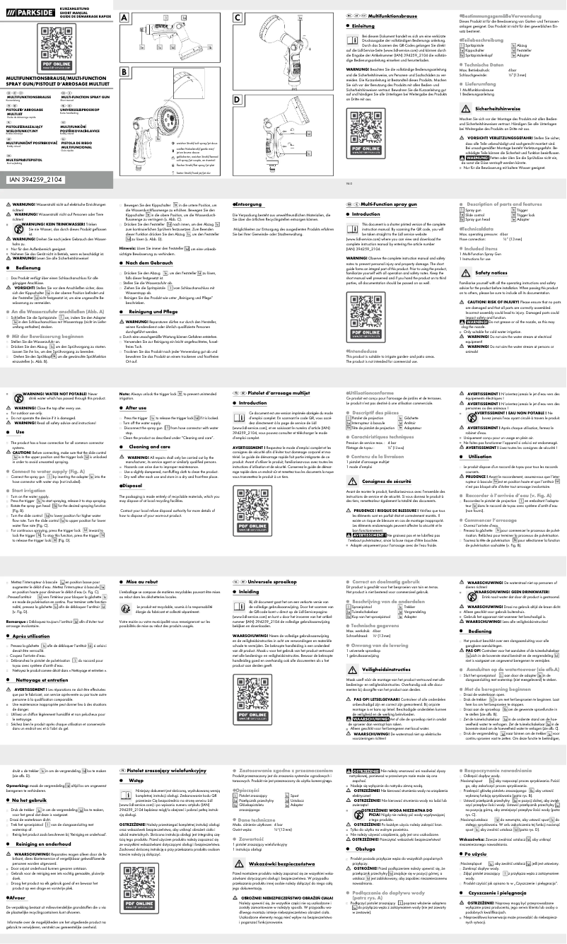 Page 1 de la notice Manuel utilisateur Parkside IAN 394259