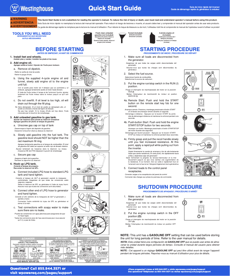 Page n°1 - Guide de démarrage rapide Westinghouse WGen9500DF