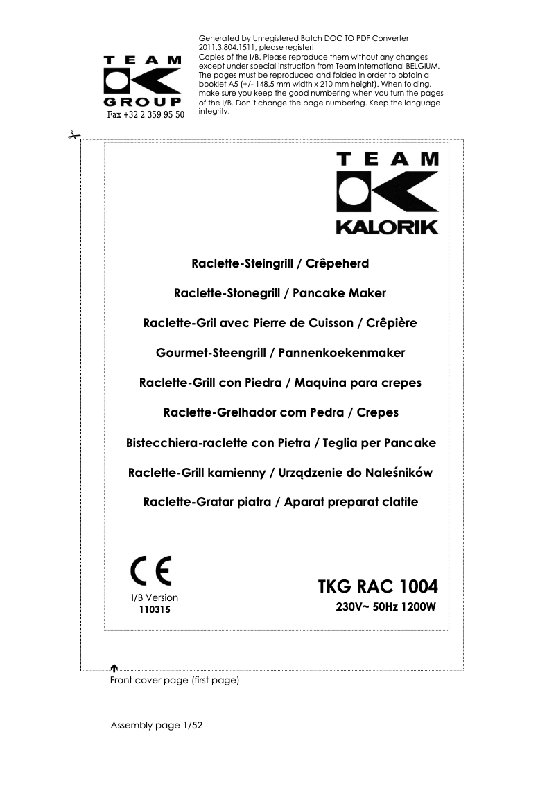 Page 1 de la notice Manuel utilisateur Kalorik TKG RAC 1004