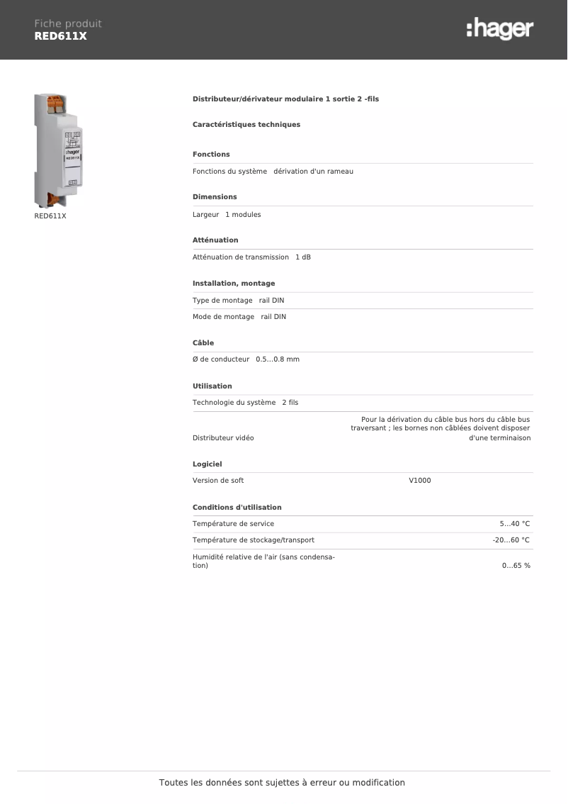 Page 1 de la notice Fiche technique Hager RED611X
