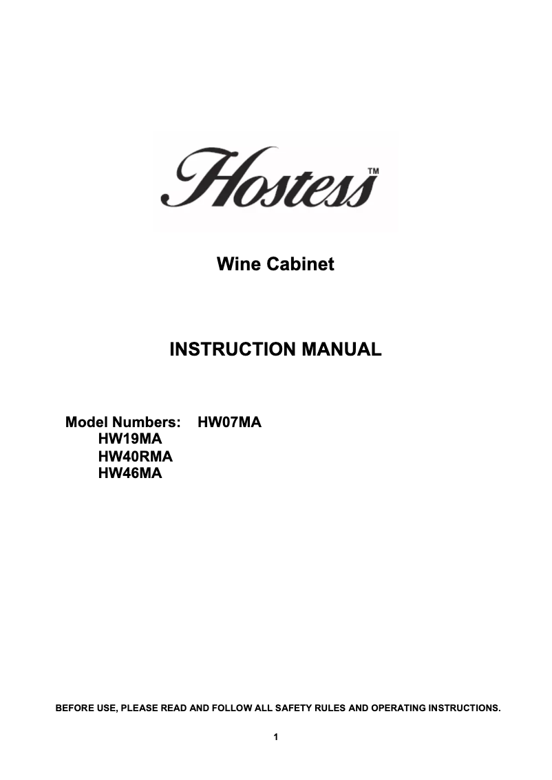 Page 1 de la notice Manuel utilisateur Hostess HW19MA