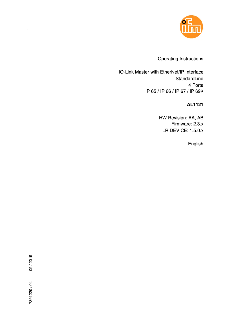 Page n°1 - Manuel utilisateur IFM AL1121