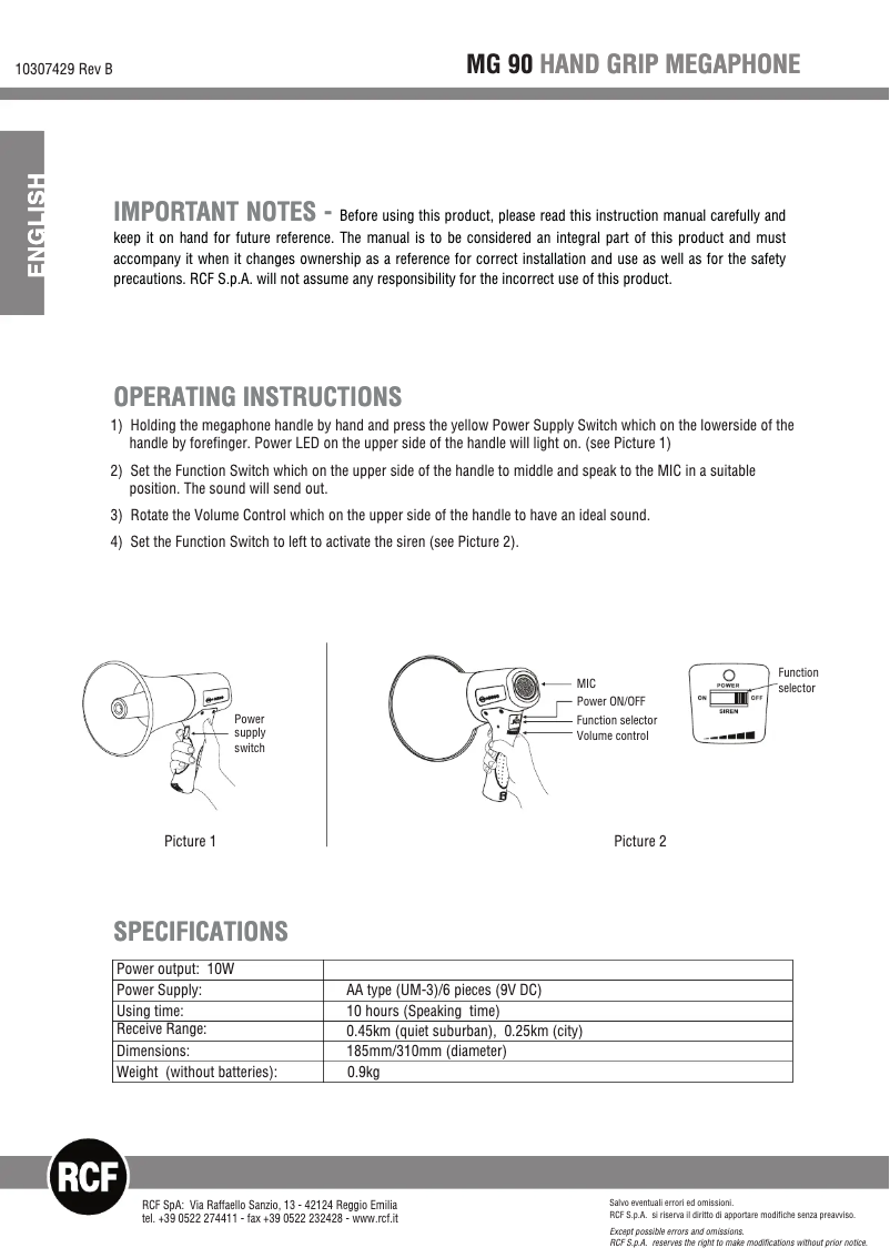 Page 1 de la notice Manuel utilisateur RCF MG 90
