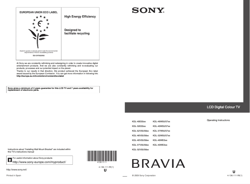 Page 1 de la notice Manuel utilisateur Sony Bravia KDL-32W5720