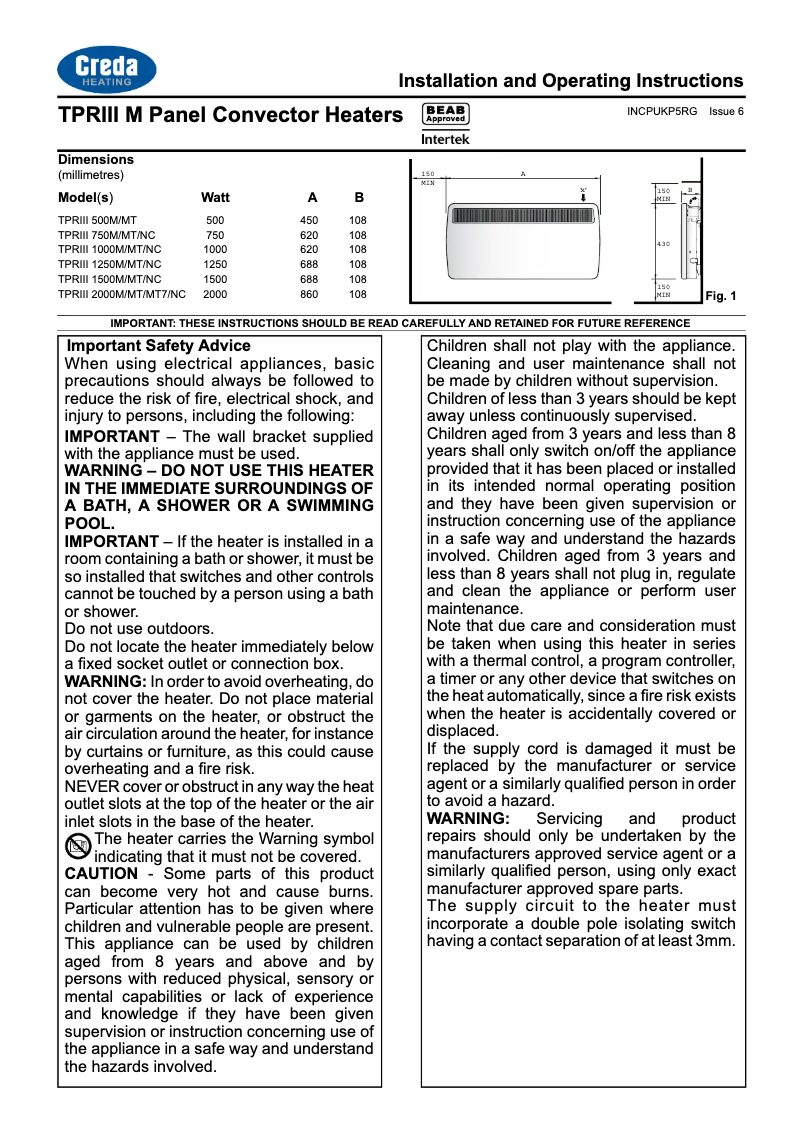 Page 1 de la notice Manuel utilisateur Creda TPRIII 750M