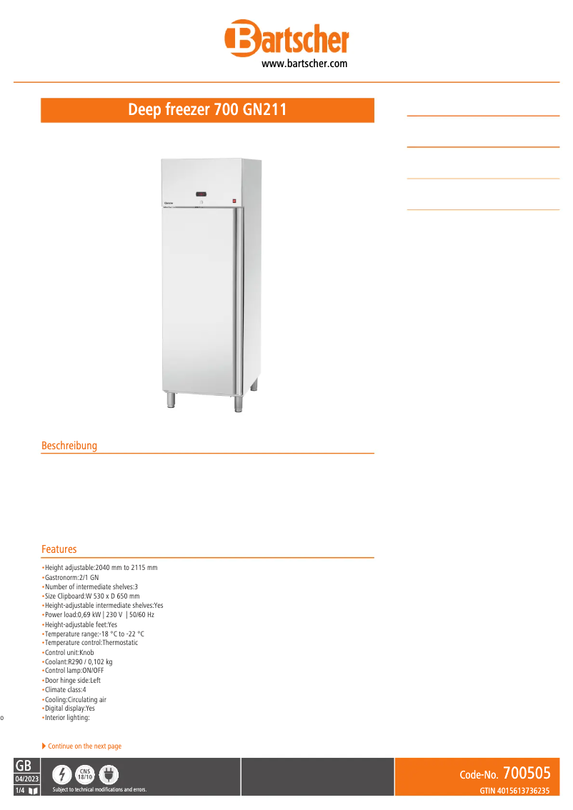 Page 1 de la notice Fiche technique Bartscher GN 700L