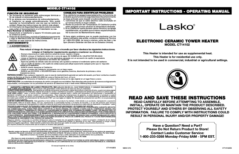 Page 1 de la notice Manuel utilisateur Lasko Ultra-Slim Ceramic CT14102