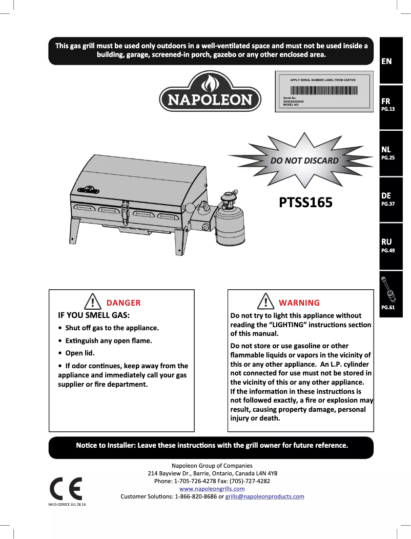Page n°1 - Manuel utilisateur Napoleon PTSS165