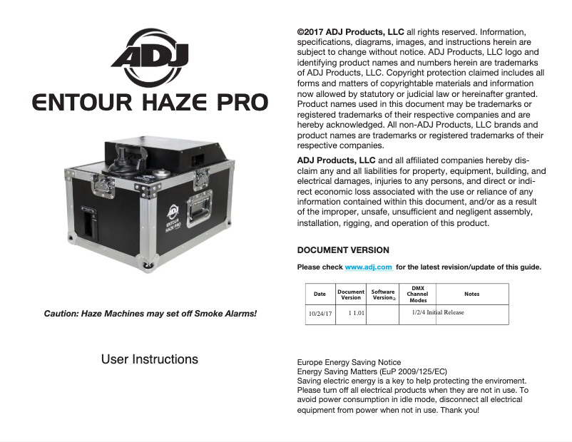 Page 1 de la notice Manuel utilisateur Adj Entour Haze Pro
