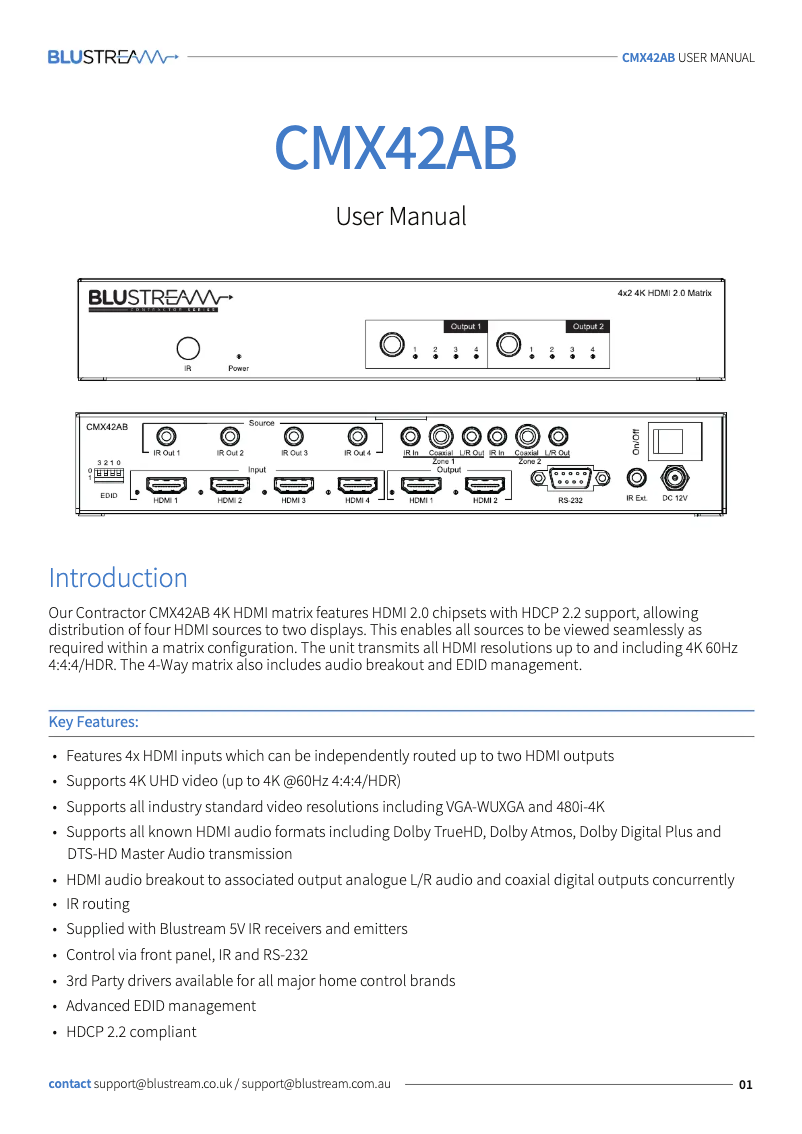 Page n°1 - Manuel utilisateur Blustream CMX42AB