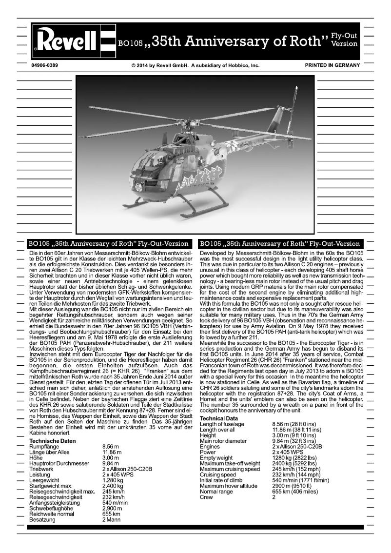 Page 1 de la notice Manuel utilisateur Revell BO 105 35th Anniversary of Roth Fly-Out Version