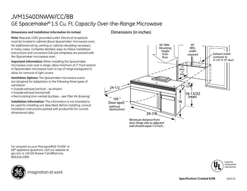 Page n°1 - Fiche technique GE Spacemaker JVM1540DNWW