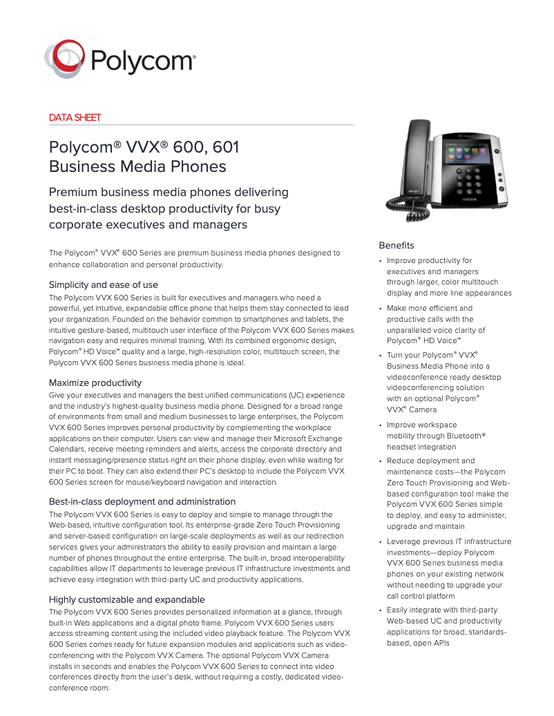 Page 1 de la notice Fiche technique Polycom VVX 601