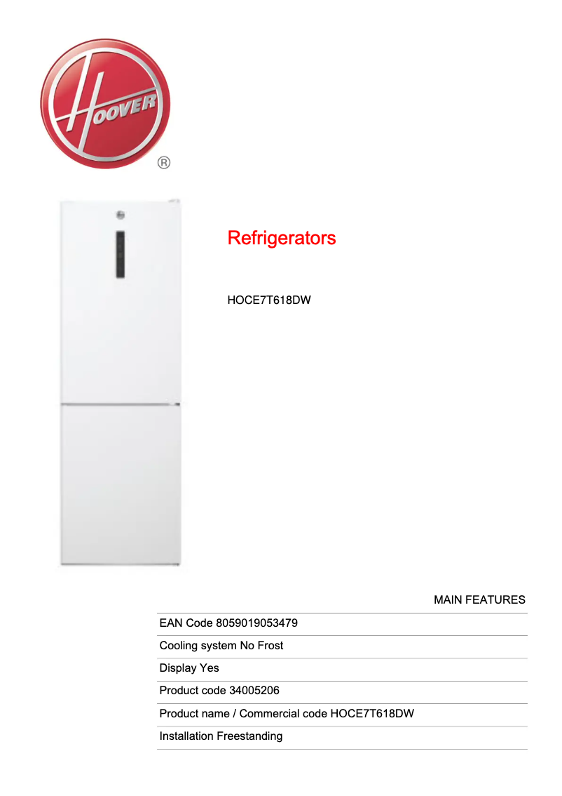 Page n°1 - Fiche technique Hoover HOCE7T618DW