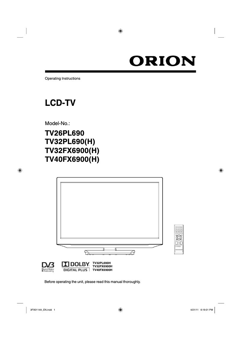 Page 1 de la notice Manuel utilisateur Orion TV32PL690D