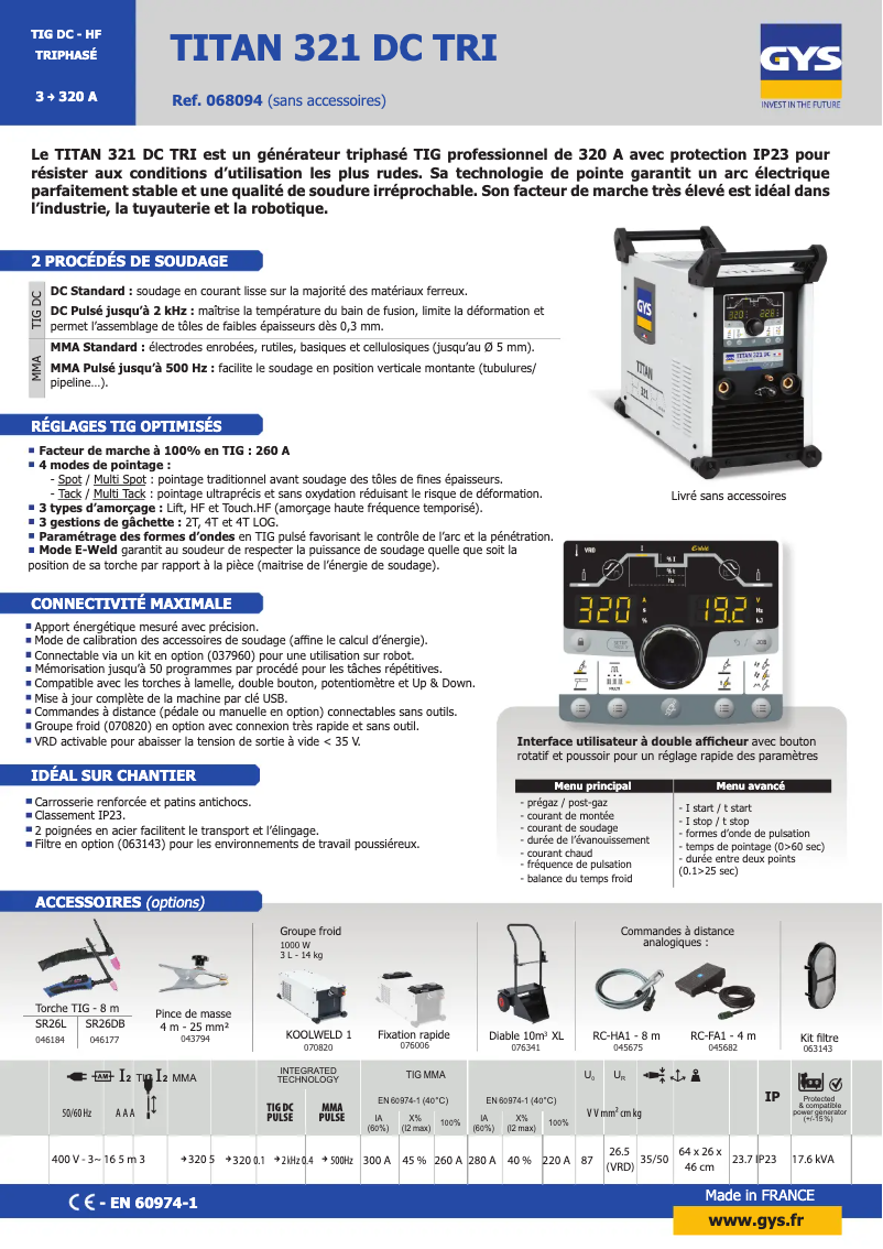 Page n°1 - Fiche technique GYS TITAN 321 DC TRI