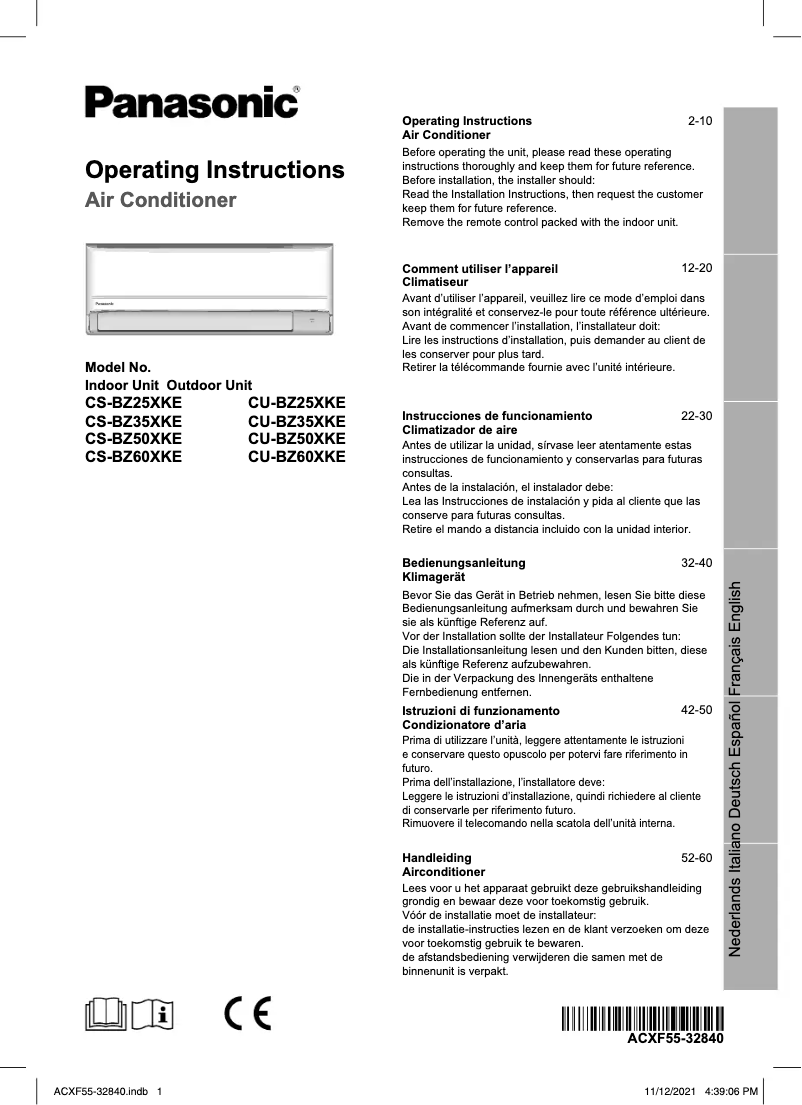 Page 1 de la notice Manuel utilisateur Panasonic CU-BZ35XKE