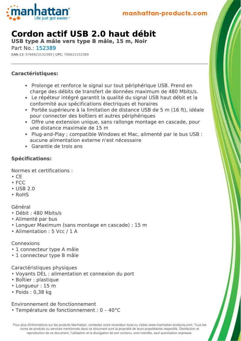 Page 1 de la notice Fiche technique Manhattan 152389