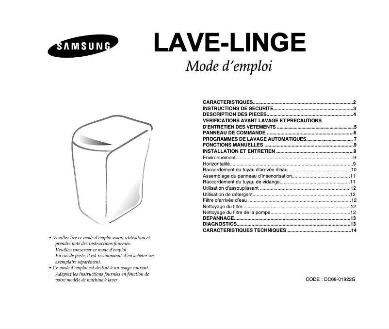 Page 1 de la notice Manuel utilisateur Samsung WA10RA