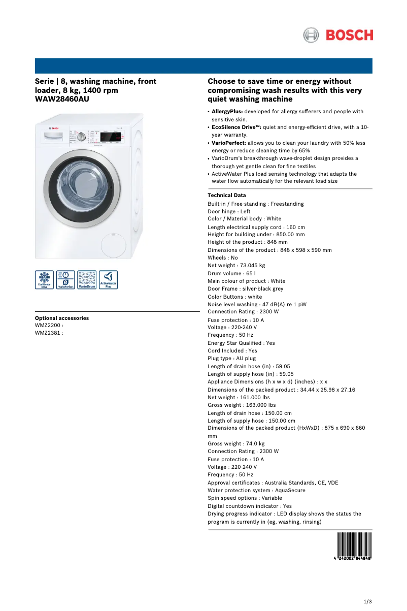 Página 1 del manual Ficha técnica Bosch WAW28460AU