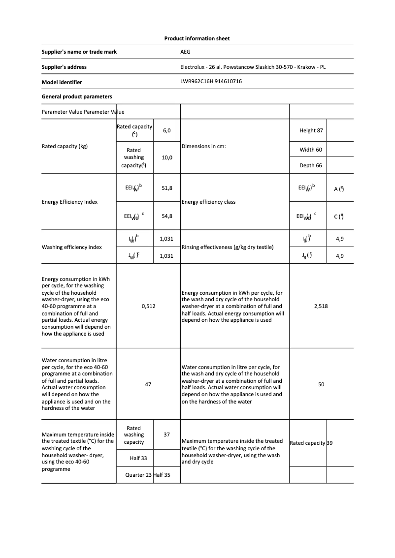 Página 1 del manual Ficha técnica AEG LWR962C16H