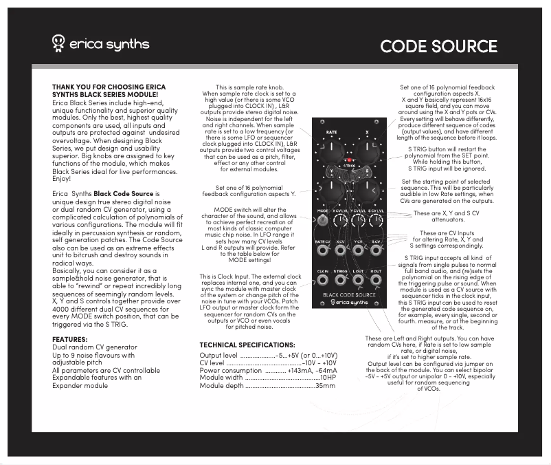 Page 1 de la notice Manuel utilisateur Erica Synths Black Code Source