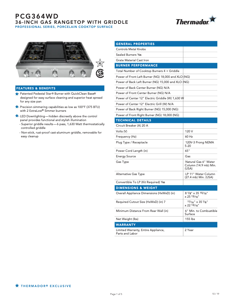 Page 1 de la notice Fiche technique Thermador PCG364WD