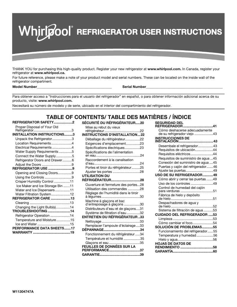 Page 1 de la notice Manuel utilisateur Whirlpool WRF555SDFZ